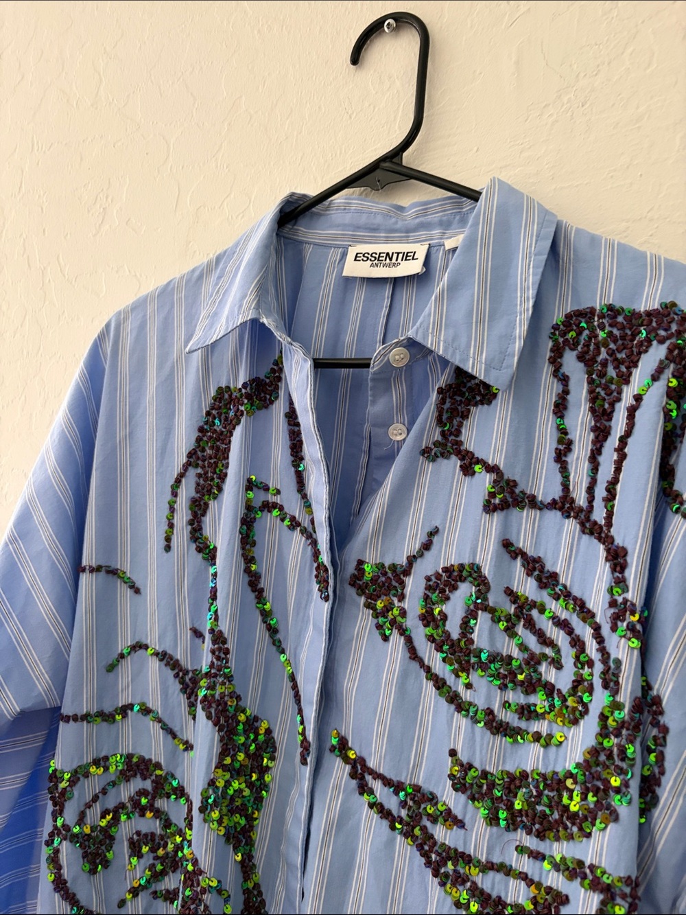 Essentiel Antwerp Blue Striped Sequin Embellished Blouse - Picture 6 of 7